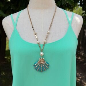 Mia Collection Gold Tone Teal Enamel Seashell Pearl Rhinestone Necklace Earrings